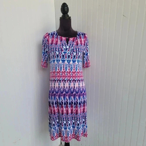 Chico’s Pastel Ikat Print Keyhole Short Dress Warm Multi Size 0 Small Blue Pink - Picture 1 of 12